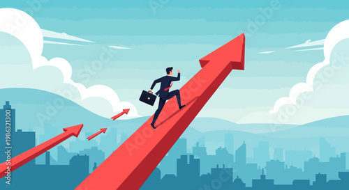 Business Leader Ascending a Growth Arrow, Achieving Success with Determination and Vision