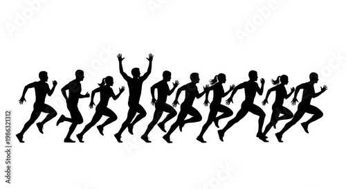 Athletic Runners Silhouette Sprinting Across White Backdrop Depicting Movement and Energy