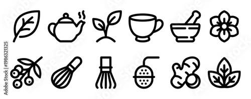 Twelve black outline icons representing tea and herbs, showcasing various elements like leaves, a teapot, cup, infuser, berries, and ginger, presented in a clean, minimalist vector style