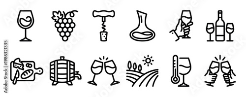 Comprehensive collection of black outline wine icons depicting various aspects of viticulture, winemaking, and consumption, presented in a clean, modern line art style