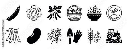 Diverse collection of black and white agricultural icons representing farming, organic produce, and gardening tools, presented in a clean, graphic, and illustrative style