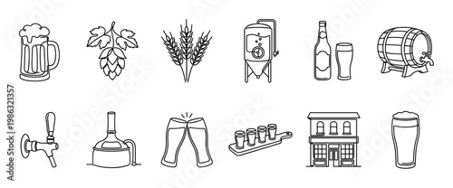 Collection of black outline beer and brewing icons features various elements like mugs, hops, wheat, tanks, bottles, barrels, taps, and a pub building, depicted in a clean, minimalist style