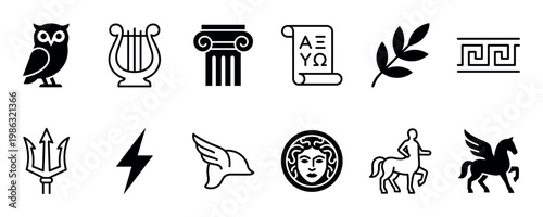Twelve distinct ancient Greek mythology icons are displayed in a clean, minimalist black and white line art style, representing various gods, creatures, and cultural symbols