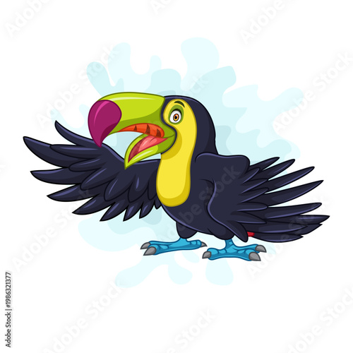 A cute of bird toucan is flapping its wings while smiling.