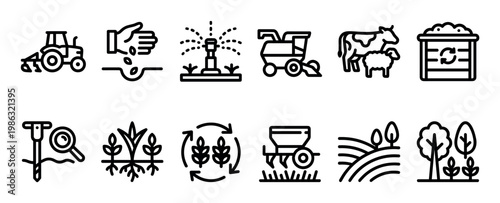 Comprehensive set of agriculture and farming line icons illustrating various aspects of modern and sustainable agricultural practices, presented in a clean, minimalist style