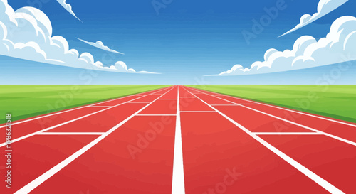 Athletic Track And Field With Vibrant Blue Sky And Overwhelming Green Field Landscape