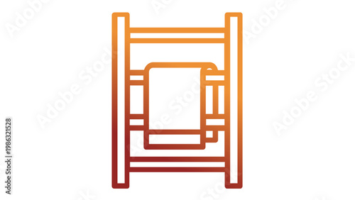 Modern heated towel rail vector icon illustration featuring a hanging towel on a radiator rack. Minimalist bathroom fixture design with orange gradient line art, flat scalable graphic.