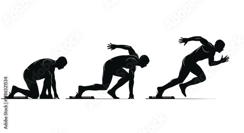 Athletic Start Sequence: Silhouette Illustrating Sprinting Stages on White Background