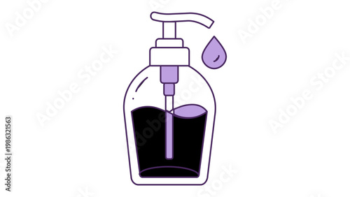 Minimalist liquid soap dispenser vector icon with pump and drop, flat line art illustration of hand sanitizer bottle for hygiene, skincare, and bathroom cleaning products, scalable design.