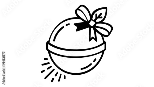 Minimalist bath bomb vector icon illustration featuring a round fizzy ball with a decorative ribbon bow and leaf accent, scalable flat line art for spa, beauty, and personal care branding.