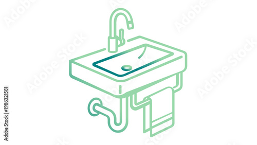 Minimalist Vector Illustration of a Modern Bathroom Sink with Faucet and Towel Rack, Featuring a Teal Gradient Line Art Design for Interior Design, Plumbing, and Home Improvement Concepts.