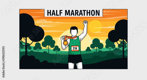 Athletic Triumph Victory Celebration Half Marathon Sunset Scenery