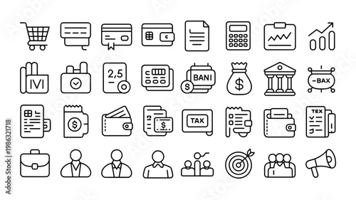 Mega Business & Finance Line Icon Set Ecommerce, Accounting, Marketing & Office Symbols Collection