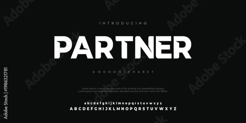 PARTNER Tech font, digital modern alphabet, uppercase Latin letters from A to Z and Arab numbers from 0 to 9 for you designs, vector illustration 10EPS