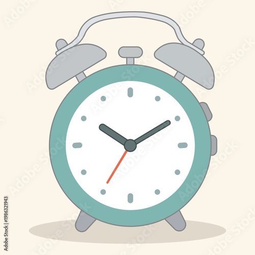 A cartoon-style illustration of an alarm clock with a white face and teal border