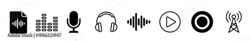 Eight black and white audio-related icons are displayed in a neat horizontal row, featuring symbols for sound files, equalizers, microphones, headphones, sound waves, play, record, and broadcast