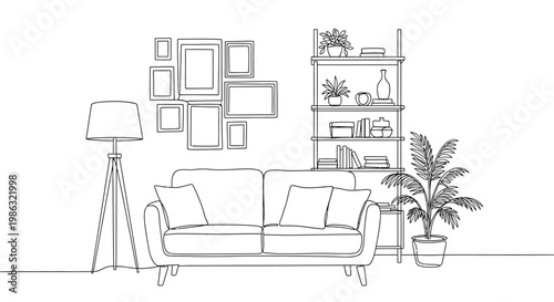 Modern living room interior design with sofa and decorative items in a vector illustration style