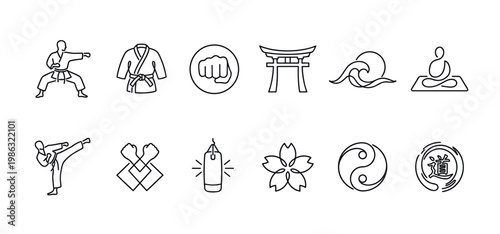 Twelve distinct black outline icons representing martial arts, Japanese culture, and spiritual concepts are neatly arranged in a grid, featuring clean lines and a minimalist aesthetic