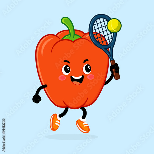 Red bell pepper cartoon character playing tennis