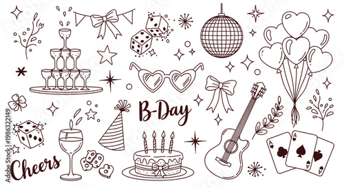 A festive birthday vector graphic illustration with various party elements and icons.