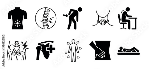 Various black and white icons depicting human body pain, discomfort, and medical conditions such as backache, neck stiffness, stomach issues, and poor posture