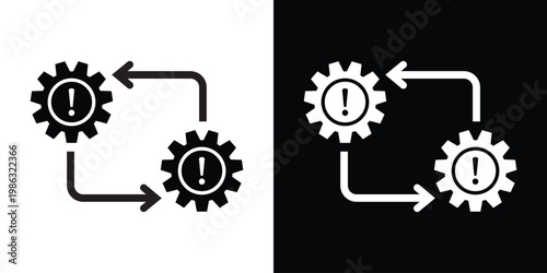 Large gears with exclamation marks and directional flow arrows. Icon depicting problem solving, system warning, technical optimization, risk management, and troubleshooting workflow.