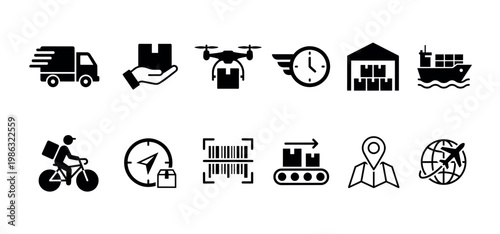 Twelve black and white logistics delivery icons illustrate various aspects of modern shipping, transportation, and supply chain management in a clean, graphic style