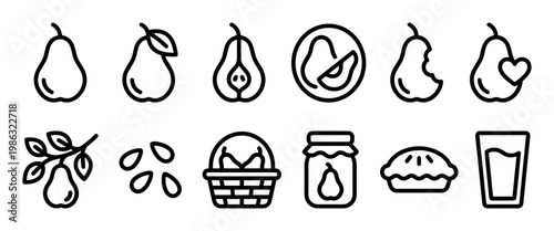 Diverse set of simple black outline pear icons depicting the fruit in many forms, including whole, sliced, bitten, on a branch, in a basket, as jam, pie, and juice
