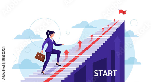Businesswoman Ascends Stairs Toward Success Symbolizing Ambition and Achievement