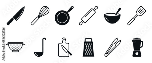 Collection of various kitchen utensils and cooking equipment icons are neatly arranged, presented in a clean, minimalist black and white graphic style
