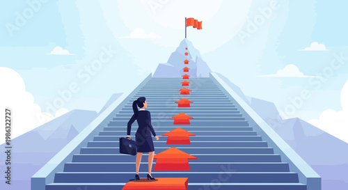 Businesswoman Ascending a Mountain of Success, Reaching the Goal, Achieving Ambition
