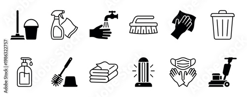 Diverse collection of black and white cleaning and hygiene icons, showcasing essential tools and practices for cleanliness and sanitation, rendered with a modern, clear, and minimalist aesthetic