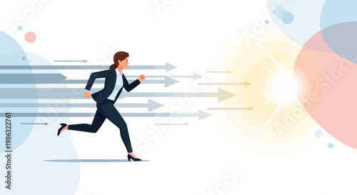 Businesswoman Pursuing Goals With Determination, Focused Towards Future And Arrows Symbol