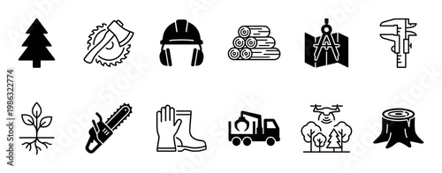 This comprehensive collection of forestry and logging icons features essential tools and equipment for the timber industry, presented in a clean, modern black and white style