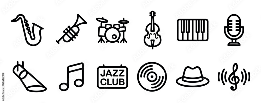 Fototapeta premium Collection of black outline jazz music icons, featuring instruments, symbols, and club elements, presented in a clean, minimalist vector style