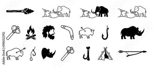 Collection of various prehistoric Stone Age icons, including hunters, mammoths, bison, rhinos, axes, spears, boomerangs, campfires, and fishing hooks, depicted in a bold black and white graphic style