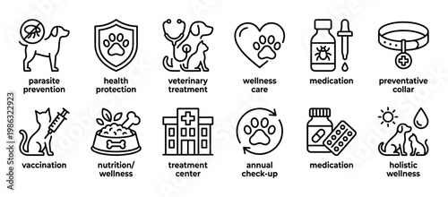 Twelve black outline pet health icons illustrate various aspects of animal wellness, including parasite prevention, vaccination, and veterinary treatment, presented in a clean, modern style