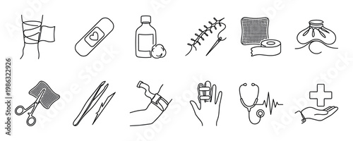 Various medical first aid supplies and equipment are depicted in a clean, minimalist continuous line art style, illustrating essential healthcare and emergency tools
