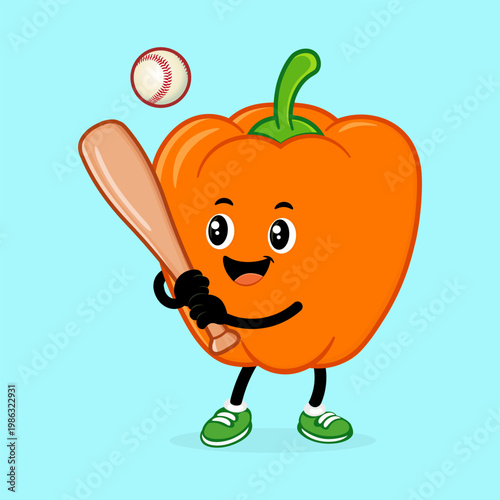 Orange bell pepper cartoon mascot playing baseball