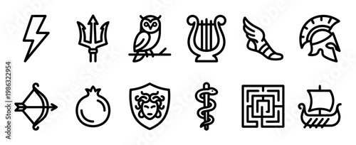 This collection of twelve black outline icons depicts various symbols and attributes from ancient Greek mythology, presented in a clean, minimalist graphic style