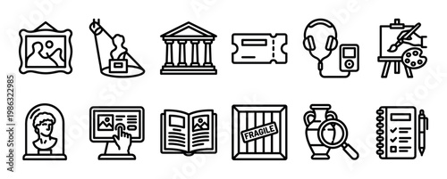 Comprehensive collection of black outline museum and art gallery related icons, depicting various cultural elements and exhibition concepts in a clean, modern vector style