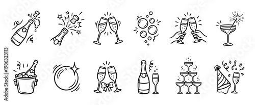 Various hand-drawn celebration icons featuring champagne bottles and glasses, depicting festive toasts, popping corks, and party elements in a cheerful doodle style