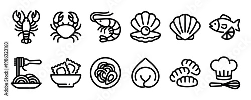 Black outline seafood and cooking icons, featuring lobster, crab, shrimp, fish, oysters, clams, pasta, fried food, mussels, a chef's hat, and a whisk, presented with a clean, minimalist design