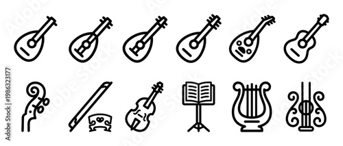 Collection of black outline musical instrument icons, including various string instruments, a violin, bow, bridge, music stand, and lyre, presented in a clean, illustrative vector style