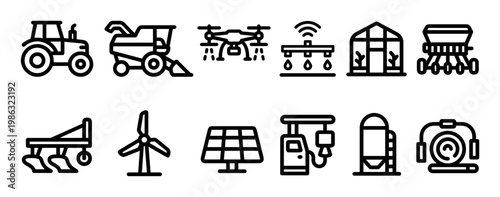 Modern agriculture technology outline icons collection illustrates various farming processes and sustainable energy solutions in a clean vector style