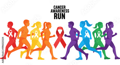 Cancer Awareness Run Featuring Diverse Runners And Ribbons