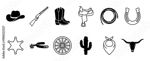 Collection of western cowboy icons, featuring a hat, rifle, boots, saddle, lasso, horseshoe, sheriff star, spur, wagon wheel, cactus, bandana, and bull skull, depicted in a clean, graphic style
