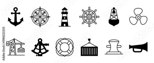 Twelve distinct black and white nautical icons are neatly arranged, showcasing essential elements of sea travel, navigation, and port operations in a clean, illustrative line art style