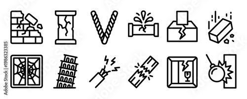 Collection of twelve outline damage and destruction icons depicting various forms of structural failure, broken objects, and hazardous situations in a clear, illustrative style