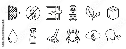 Comprehensive collection of black outline icons illustrating concepts related to air quality, home environment, cleaning, and environmental factors with a clean, modern aesthetic